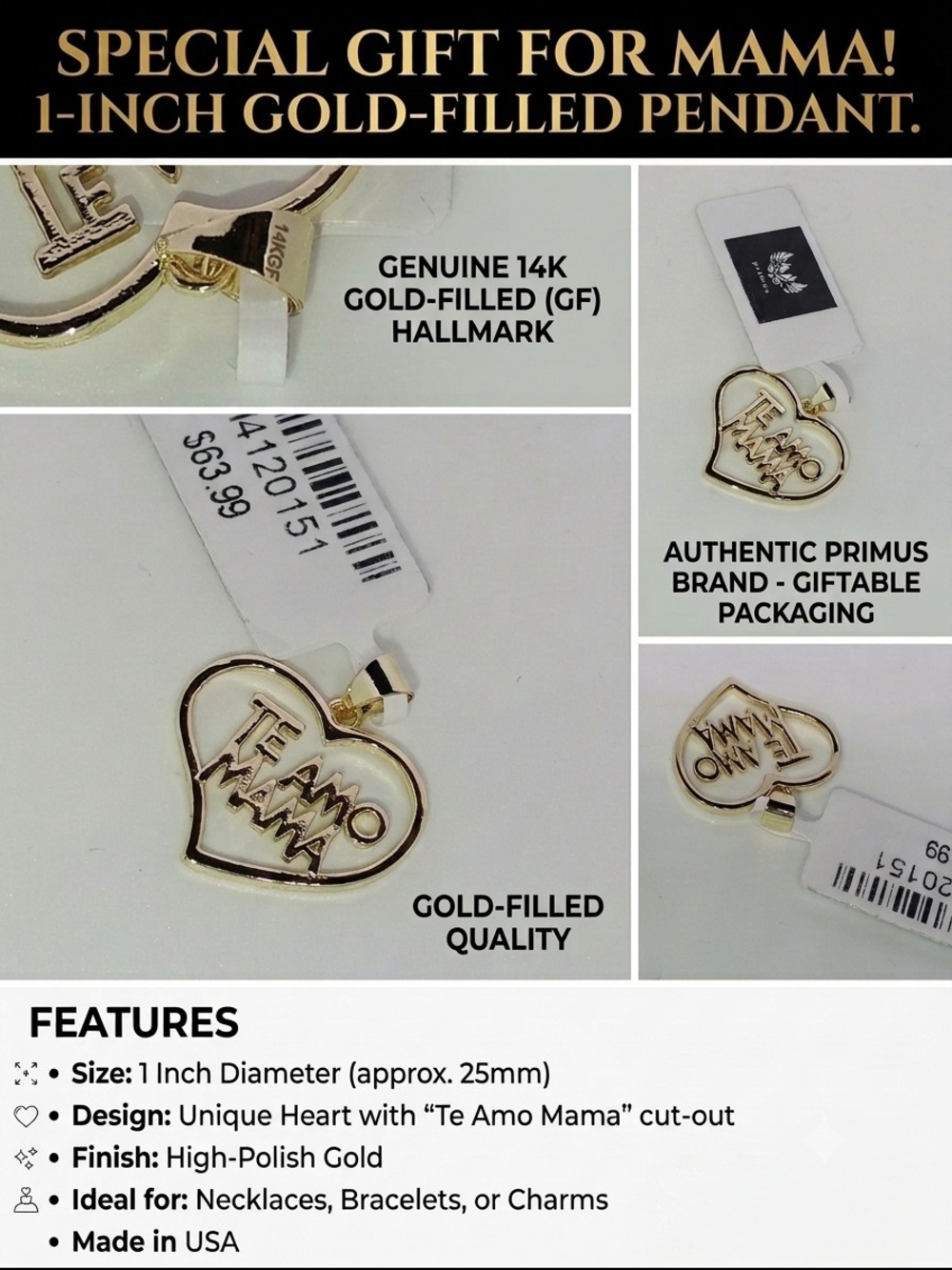 14KGF  'Te Amo Mama' Heart Pendant